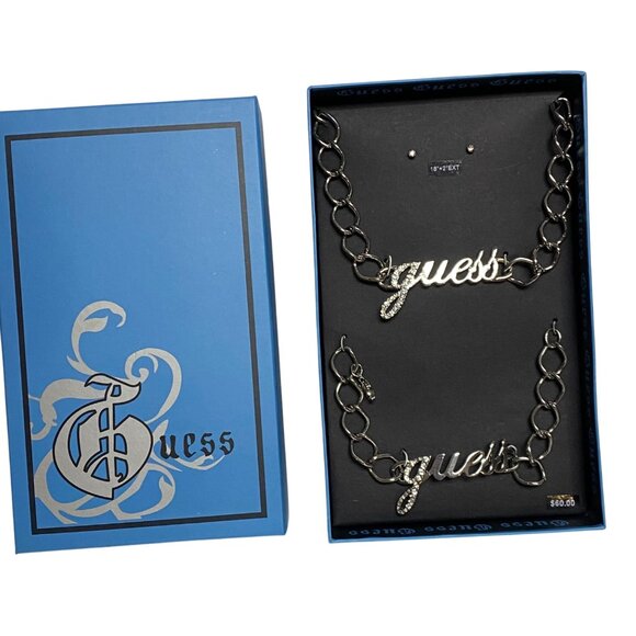 Guess Silver-Tone Chain Necklace & Bracelet Set With Rhinestone Script Logo NIB - Picture 10 of 14